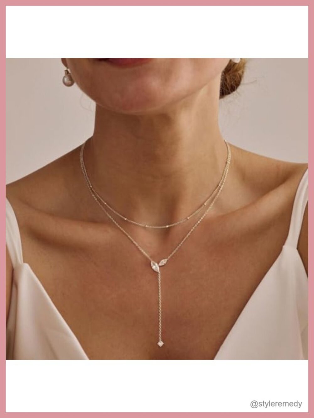 Dainty Layered Y-Shaped Lariat Necklace 14K Gold Plated Brass Crystal CZ Drop - Picture 2 of 6